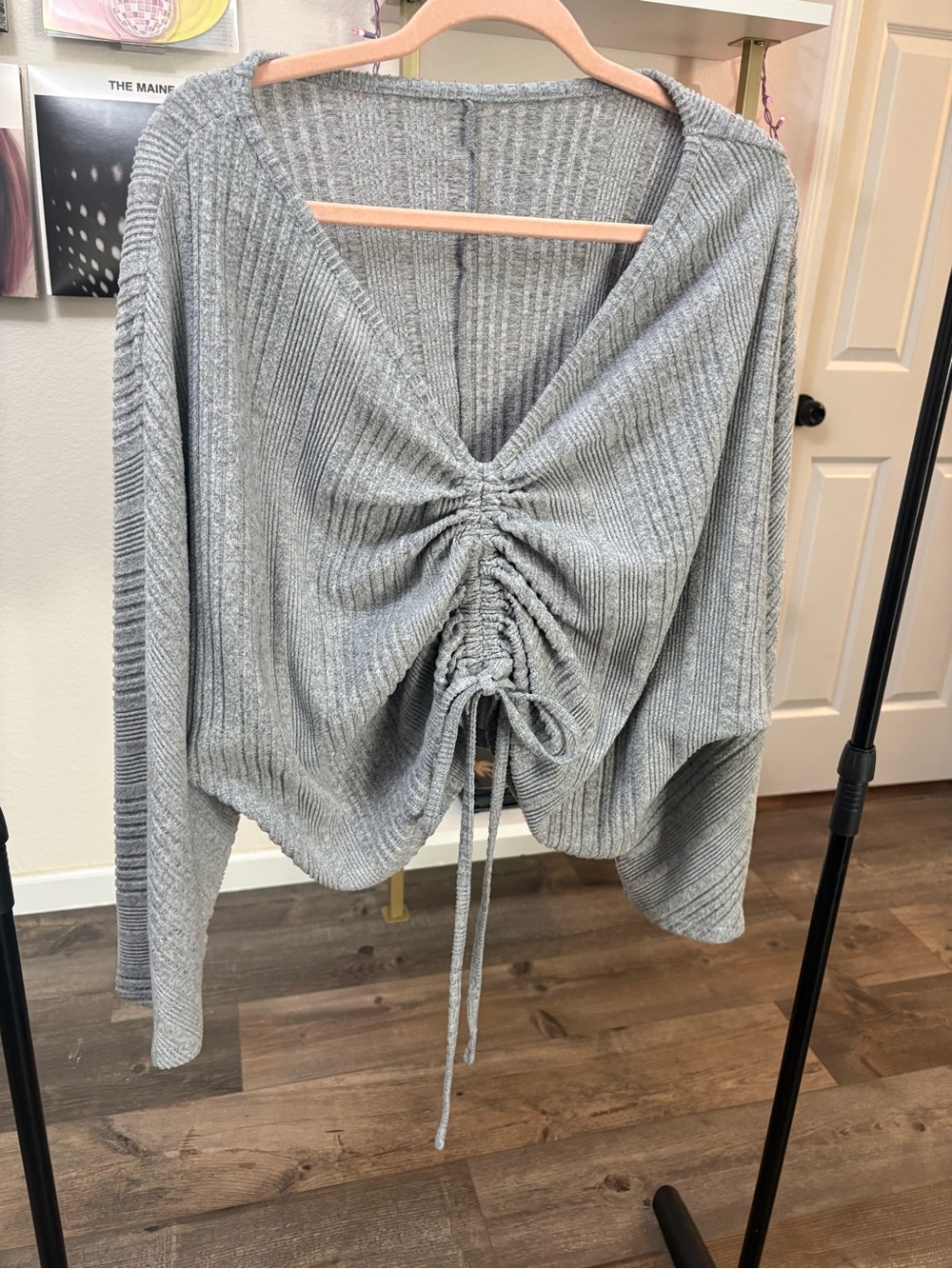 Grey Ribbed Drawstring V-Neck Sweater